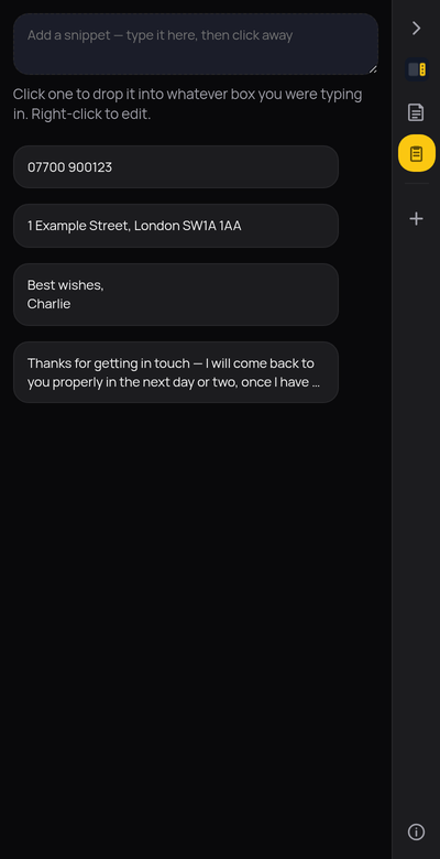 The panel showing saved snippets
